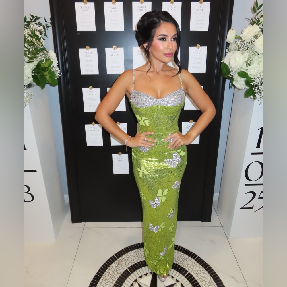 Green and Silver Butterfly Sequin Gown